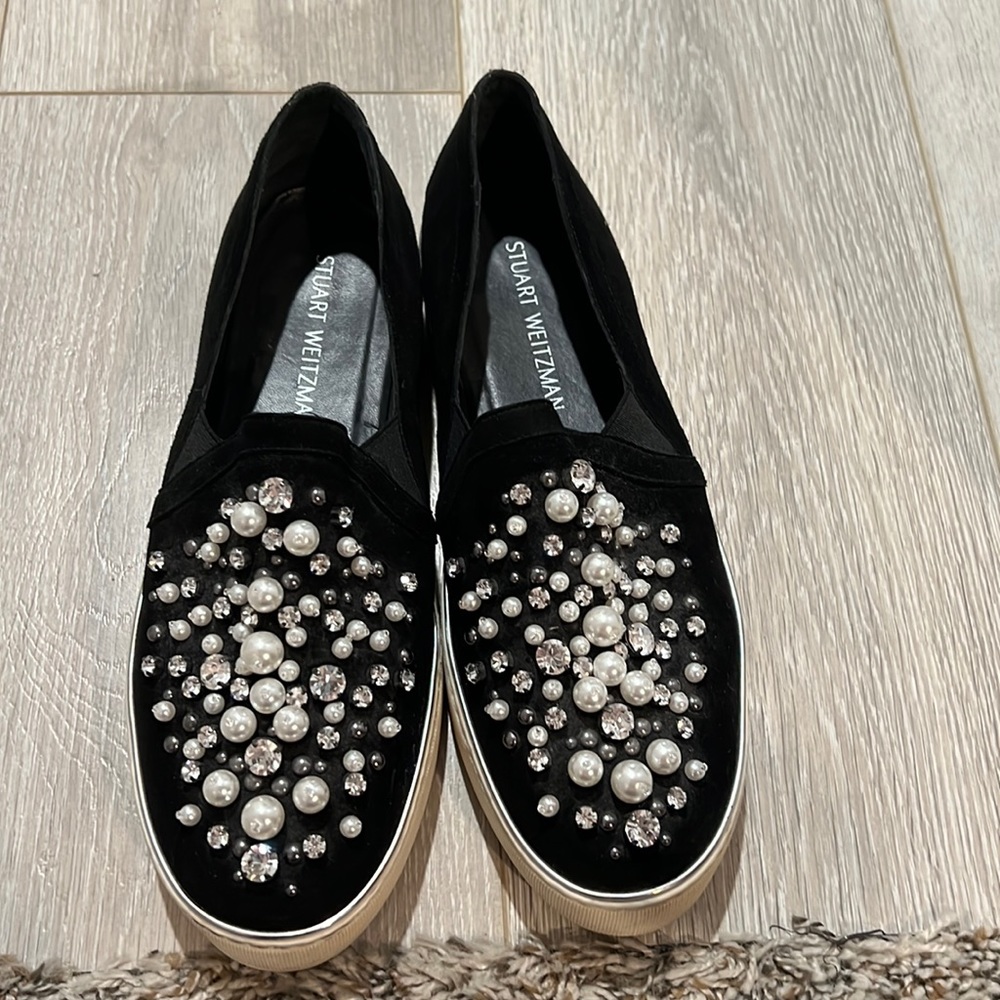 EUC Stuart Weitzman Pearl & Crystal Slip On Sneakers